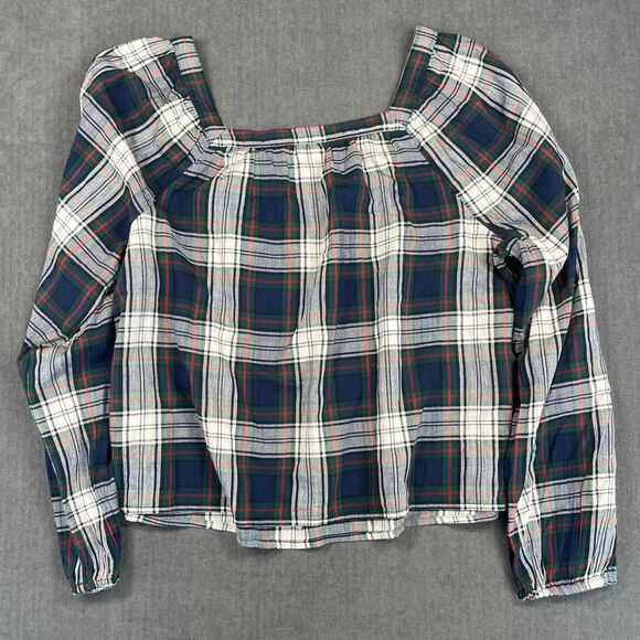 GAP Blouse Women L Navy Green Red Plaid Long Sleeve Peasant Top Holiday‎ Look - Picture 6 of 7